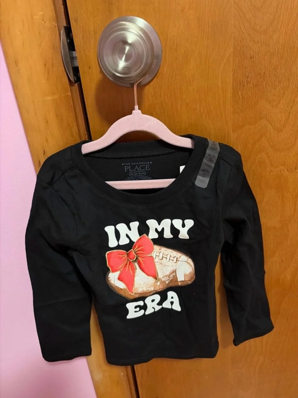 The Children's Place Black Long-Sleeve Tee with Football & Red Bow Graphic